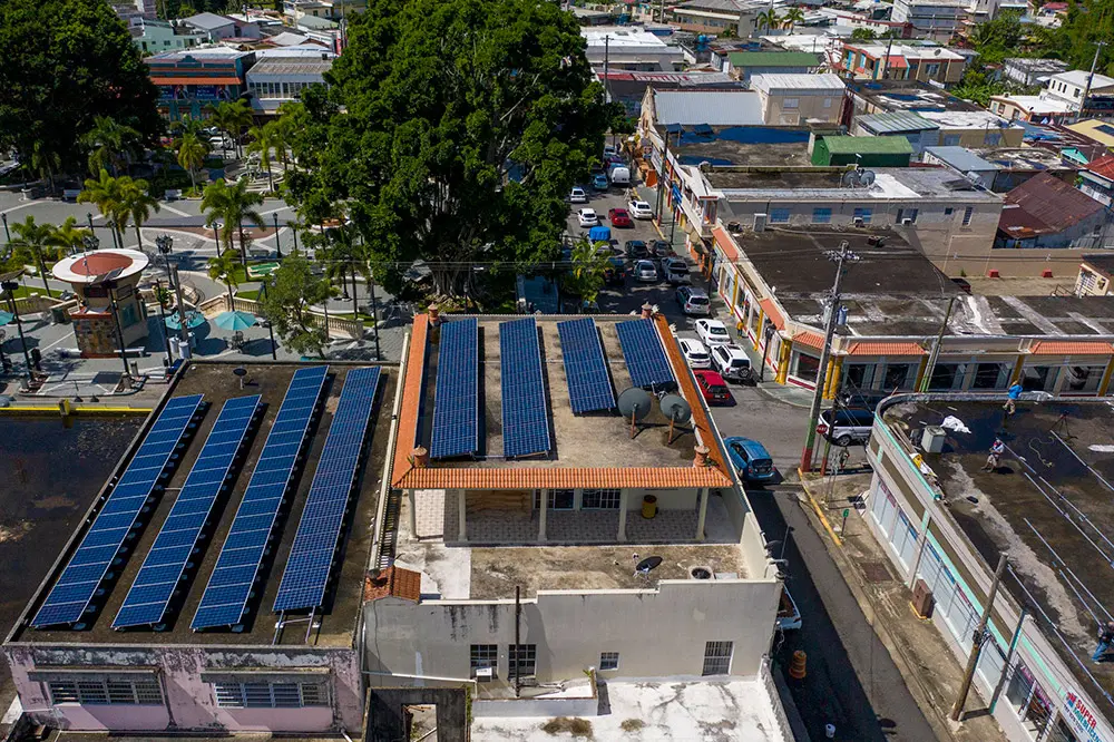 Rooftop solar panels on urban buildings