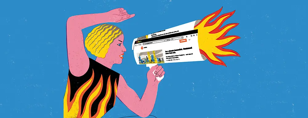 Woman holding a burning megaphone wrapped in the latest news headlines